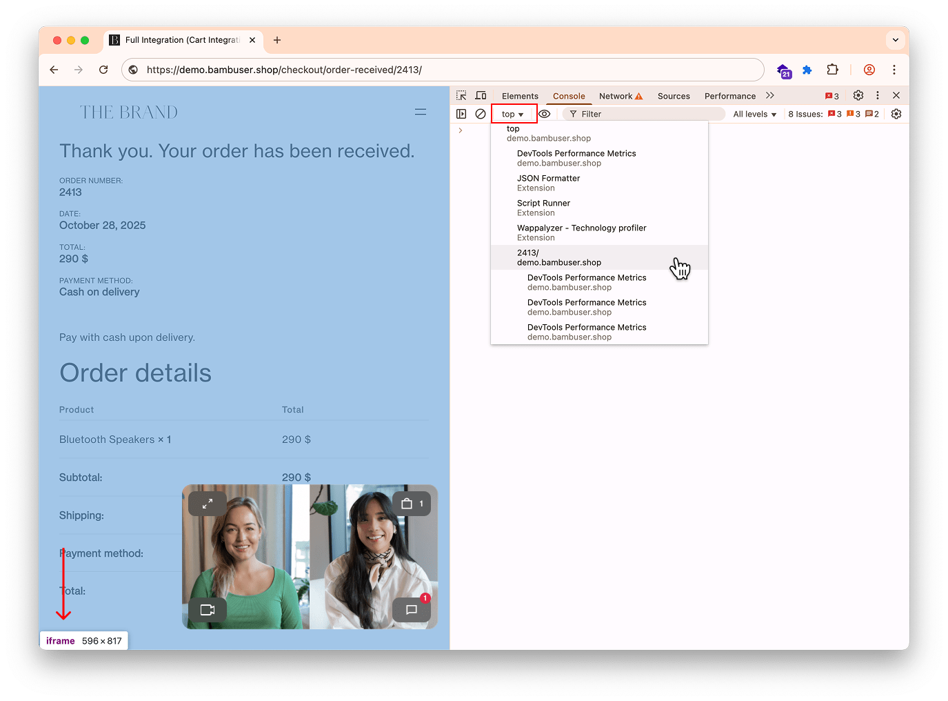 Expanded context menu showing &#39;top&#39; and other iframe options, with the correct iframe highlighted.