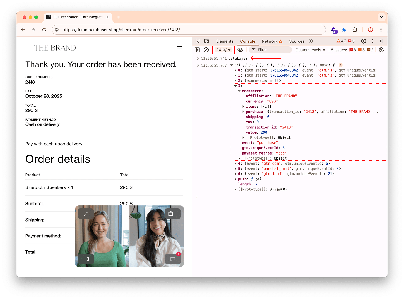 Chrome DevTools console showing the iframe&#39;s dataLayer array, populated with GA events.