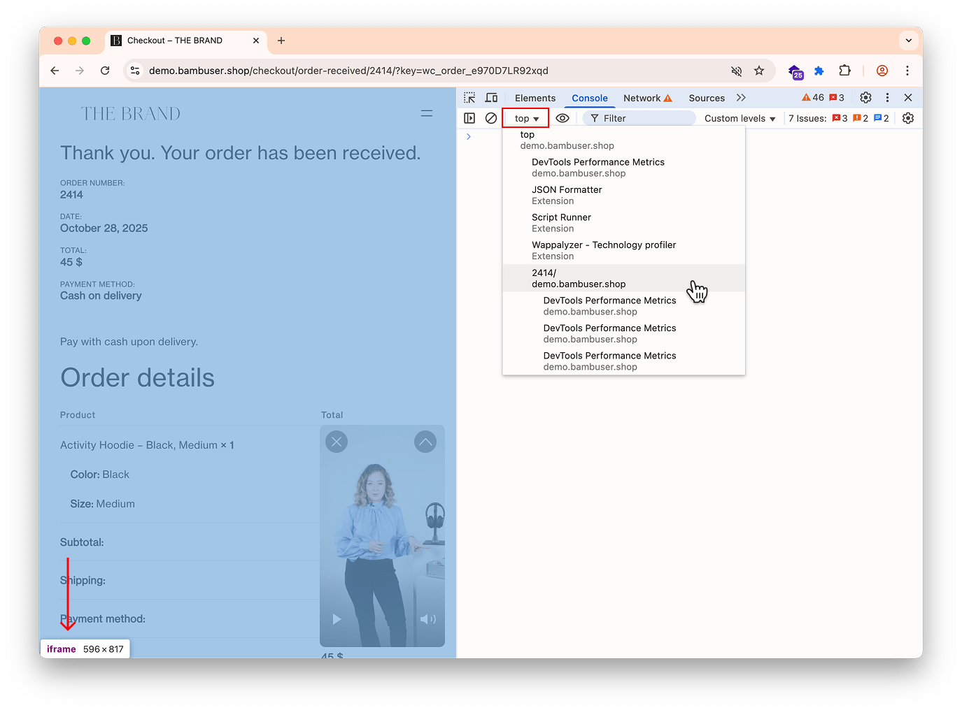 Expanded context menu showing &#39;top&#39; and other iframe options, with the correct iframe highlighted.