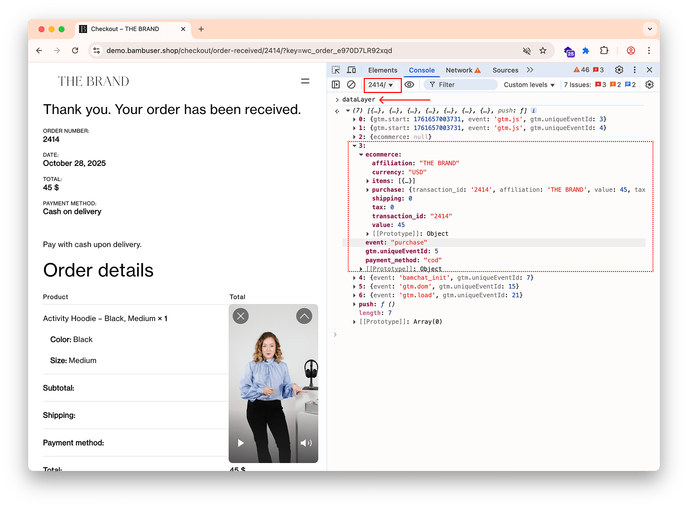 Chrome DevTools console showing the iframe&#39;s dataLayer array, populated with GA events.