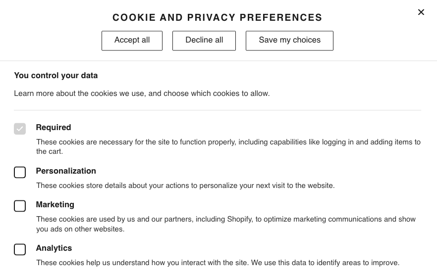 Shopify cookie and privacy preferences banner