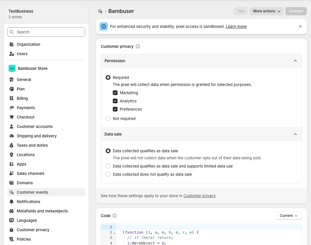 Shopify custom pixel privacy settings
