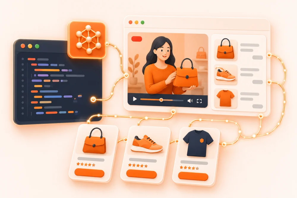 A code editor and an AI node linked by glowing data trails to a live shopping player, product cards and a cart